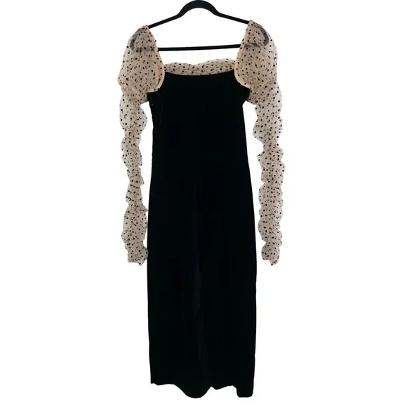 Doen Criselda Midi Dress Black Velvet Polka Dot Puff‎ Sleeve Heirloom Size 00 - Picture 8 of 12